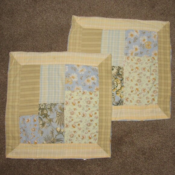 Lot of 2 Vtg APRIL CORNELL 2000 Blue Yellow Floral Plaid Patchwork Pillow Covers - Picture 3 of 4